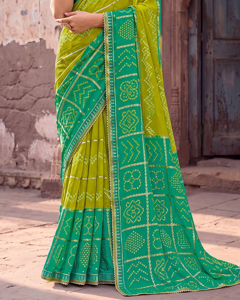 Vishal Prints Forest Green And Olive Yellow Printed Chiffon Traditional Print Saree With Foil Print And Fancy Gota Patti Border