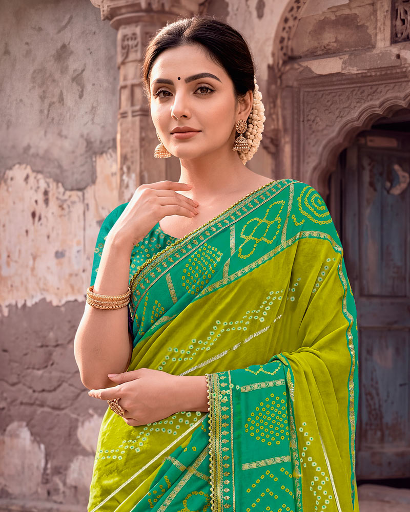 Vishal Prints Forest Green And Olive Yellow Printed Chiffon Traditional Print Saree With Foil Print And Fancy Gota Patti Border