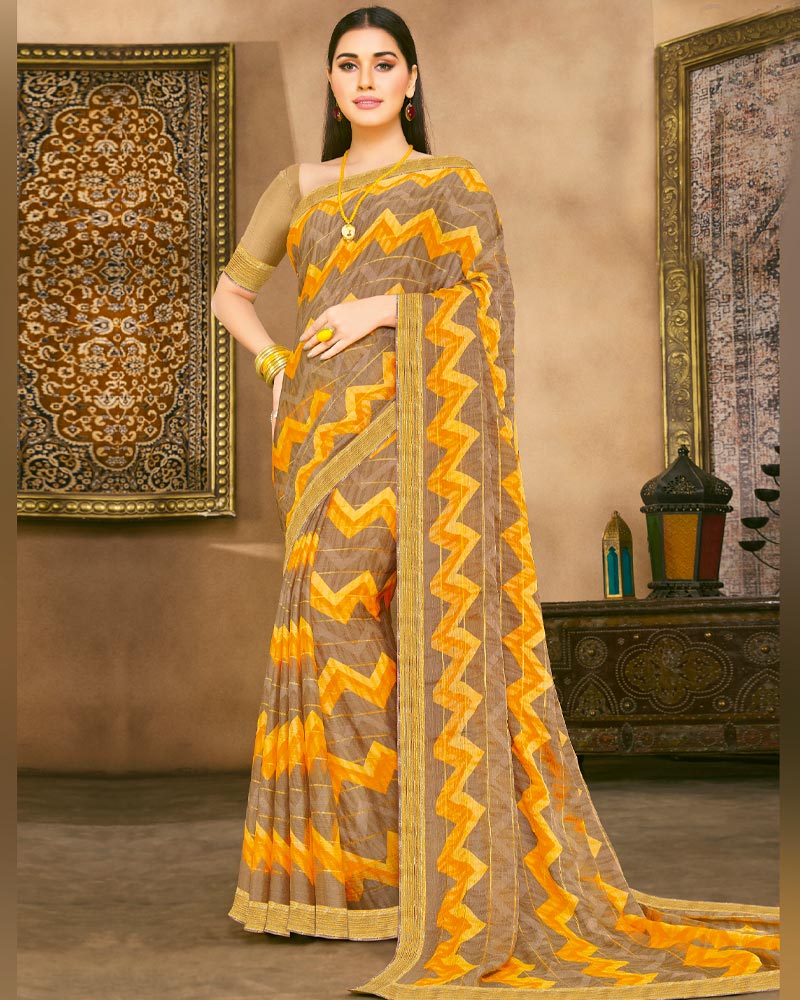 Vishal Prints Dark Sand Fancy Chiffon Digital Print Saree With Border