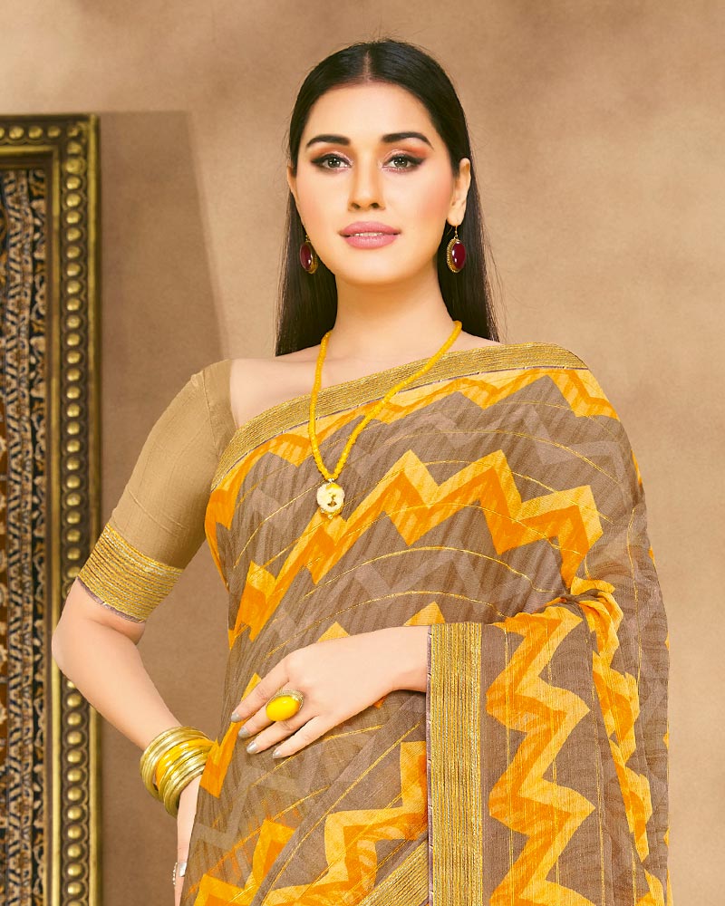 Vishal Prints Dark Sand Fancy Chiffon Digital Print Saree With Border