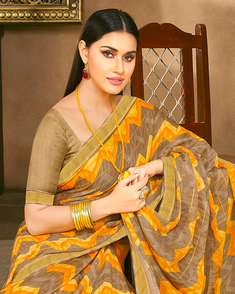 Vishal Prints Dark Sand Fancy Chiffon Digital Print Saree With Border