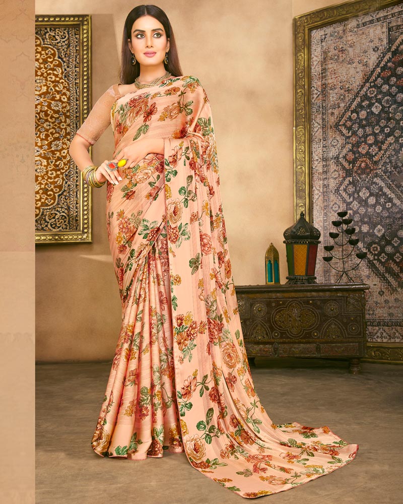 Vishal Prints Pastel Orange Fancy Chiffon Digital Print Saree With Border
