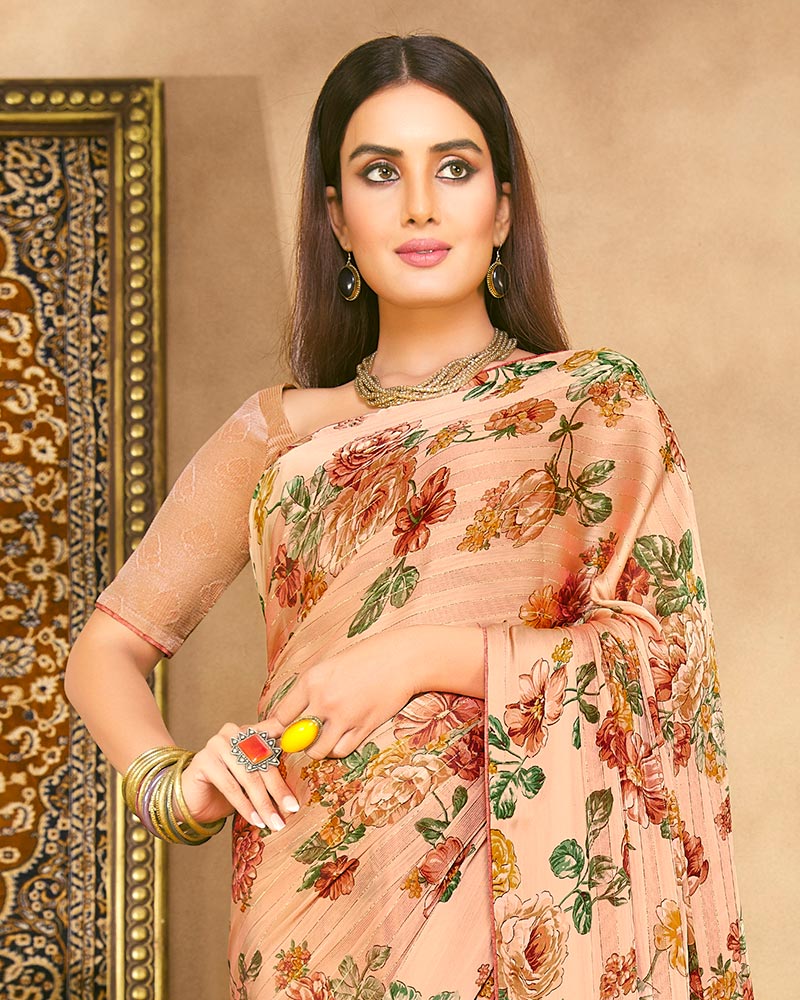Vishal Prints Pastel Orange Fancy Chiffon Digital Print Saree With Border