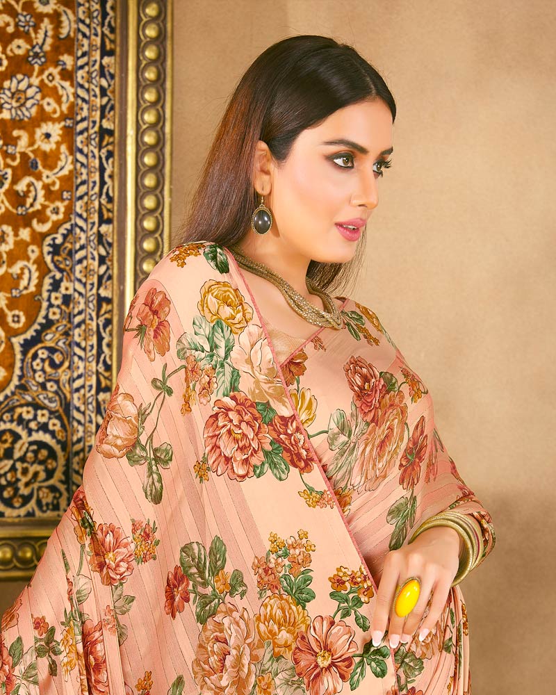 Vishal Prints Pastel Orange Fancy Chiffon Digital Print Saree With Border