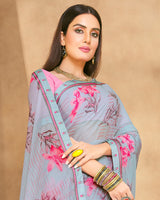 Vishal Prints Cool Grey Fancy Chiffon Digital Print Saree With Border