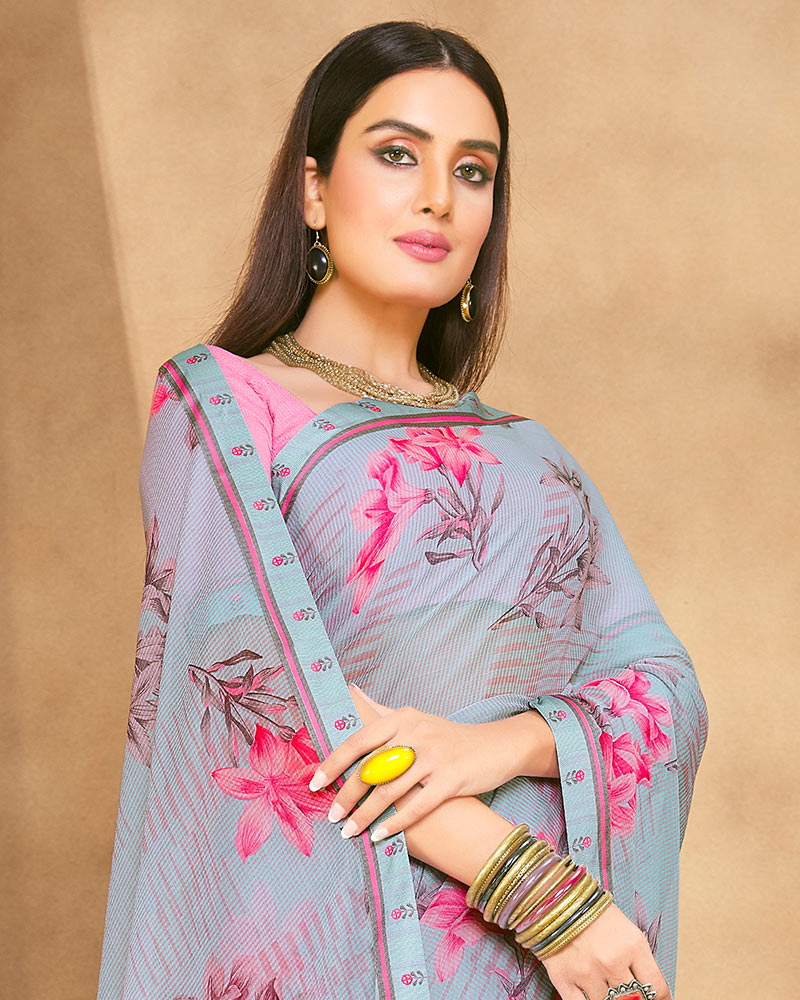 Vishal Prints Cool Grey Fancy Chiffon Digital Print Saree With Border