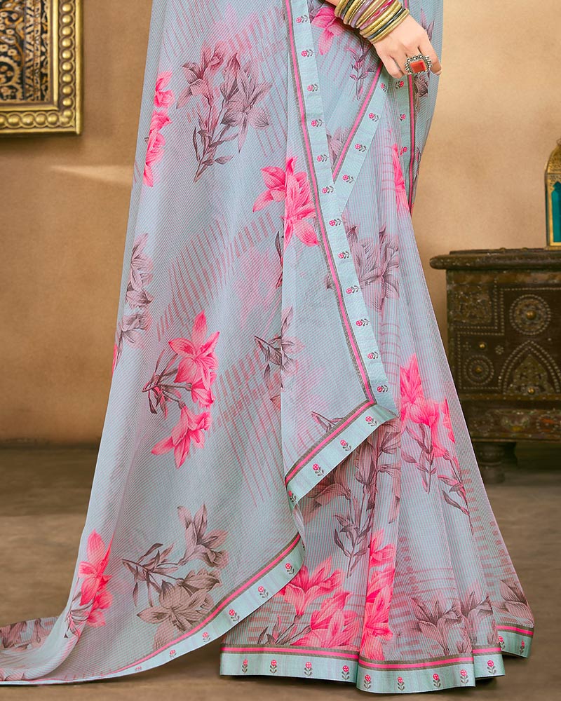 Vishal Prints Cool Grey Fancy Chiffon Digital Print Saree With Border