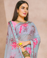 Vishal Prints Cool Grey Fancy Chiffon Digital Print Saree With Border