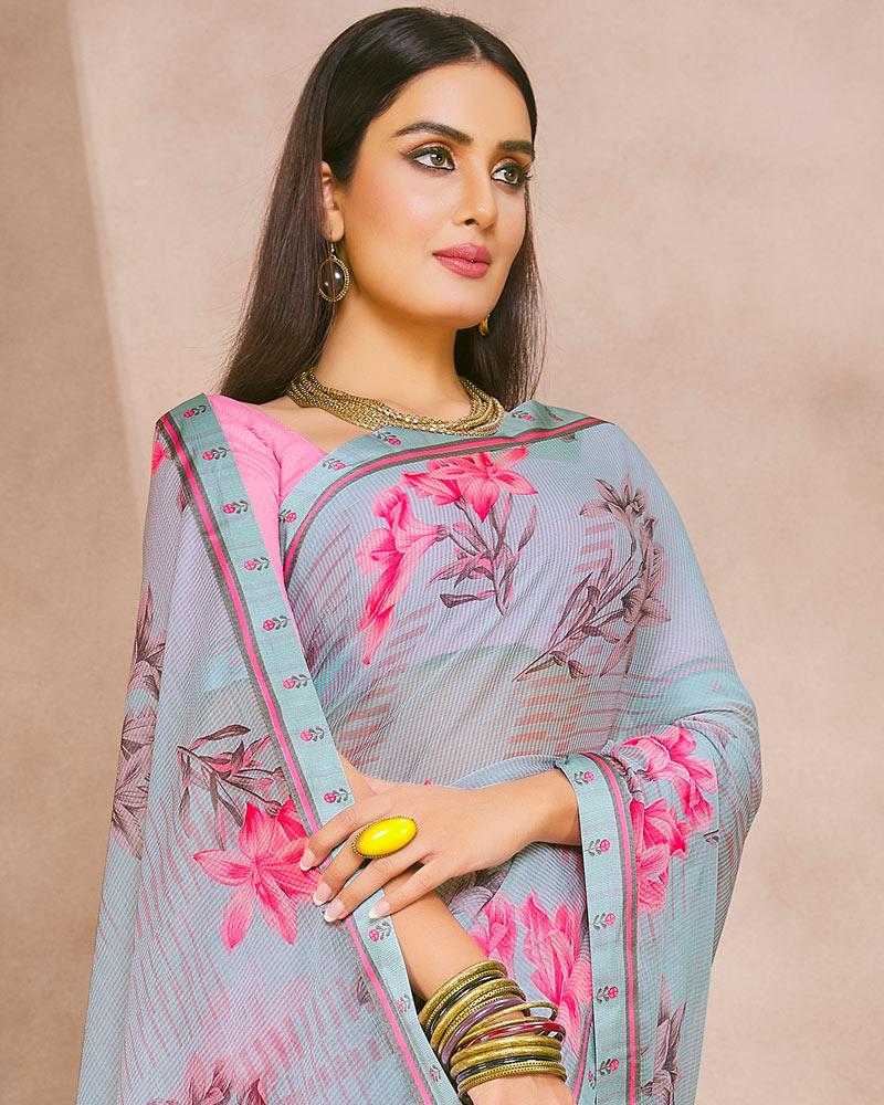 Vishal Prints Cool Grey Fancy Chiffon Digital Print Saree With Border