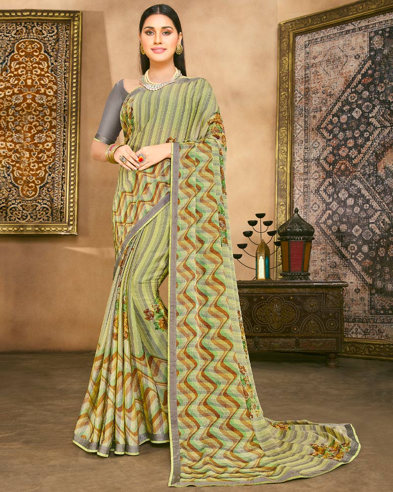 Vishal Prints Olive Yellow Fancy Chiffon Digital Print Saree With Border