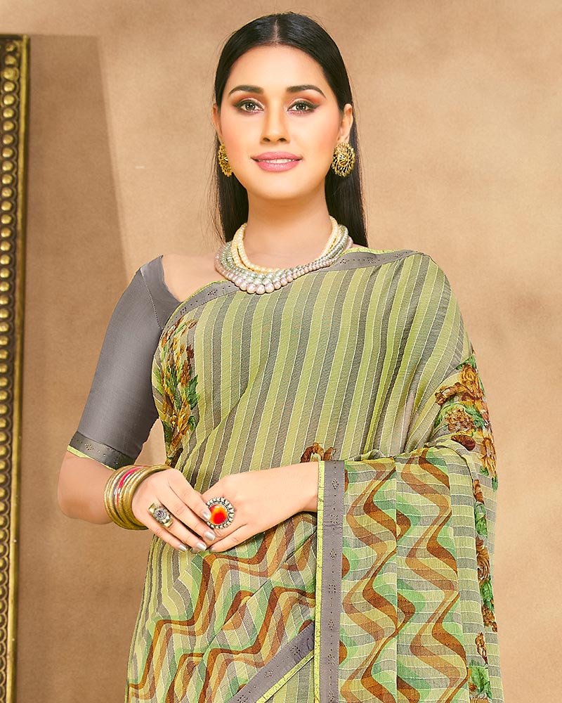 Vishal Prints Olive Yellow Fancy Chiffon Digital Print Saree With Border