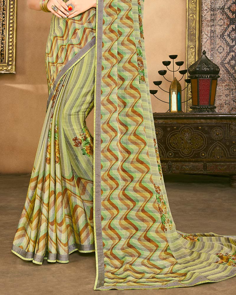 Vishal Prints Olive Yellow Fancy Chiffon Digital Print Saree With Border