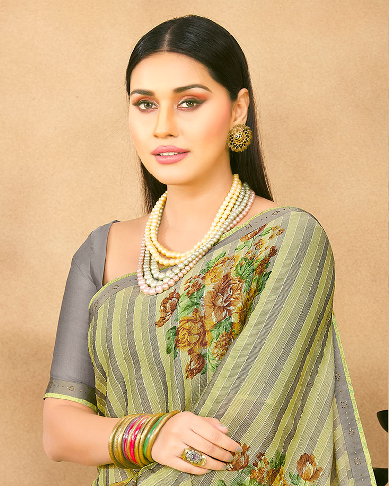 Vishal Prints Olive Yellow Fancy Chiffon Digital Print Saree With Border
