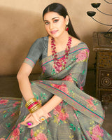Vishal Prints Sand Grey Fancy Chiffon Digital Print Saree With Border