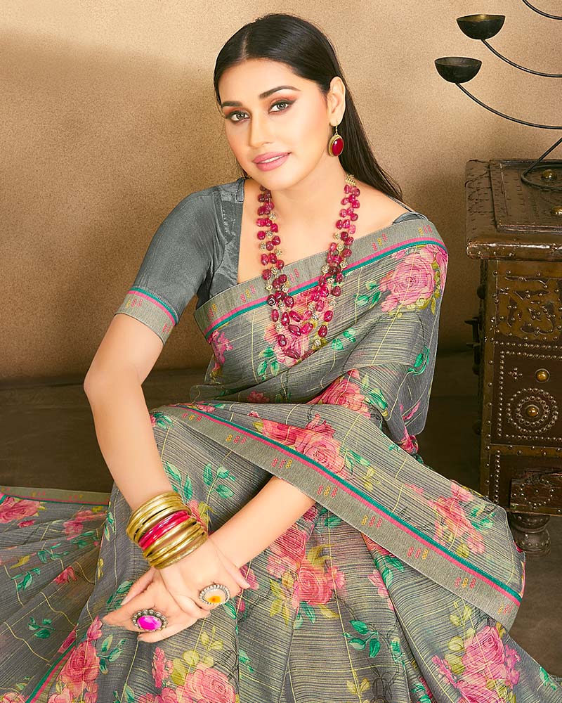 Vishal Prints Sand Grey Fancy Chiffon Digital Print Saree With Border