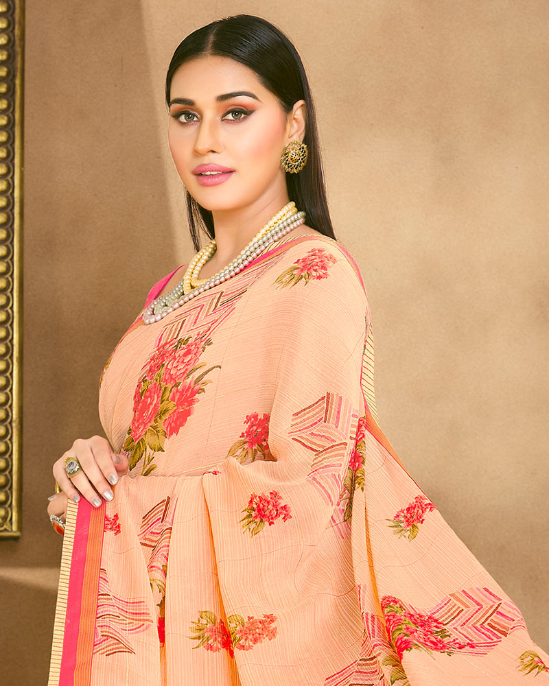 Vishal Prints Pastel Orange Fancy Chiffon Digital Print Saree With Border