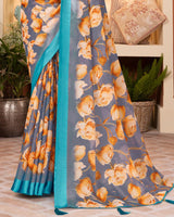 Vishal Prints Cool Grey Digital Print Brasso Saree With Tassel