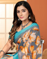 Vishal Prints Cool Grey Digital Print Brasso Saree With Tassel