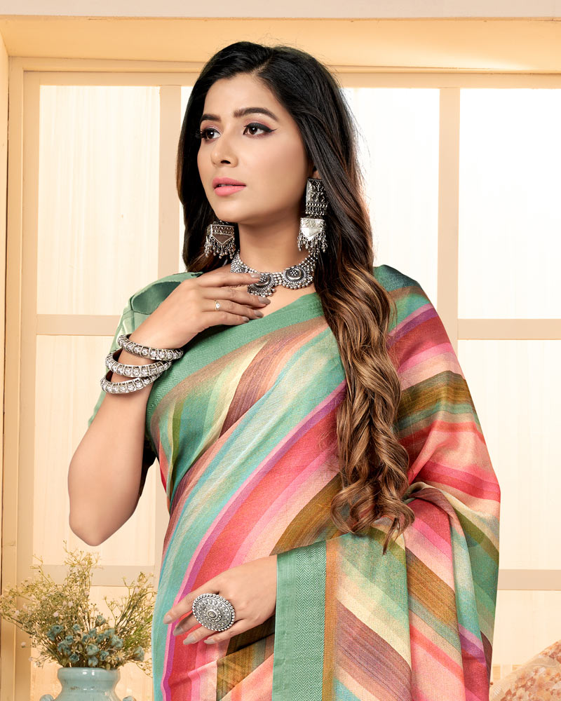 Vishal Prints Bay Leaf Green Digital Print Brasso Saree With Tassel