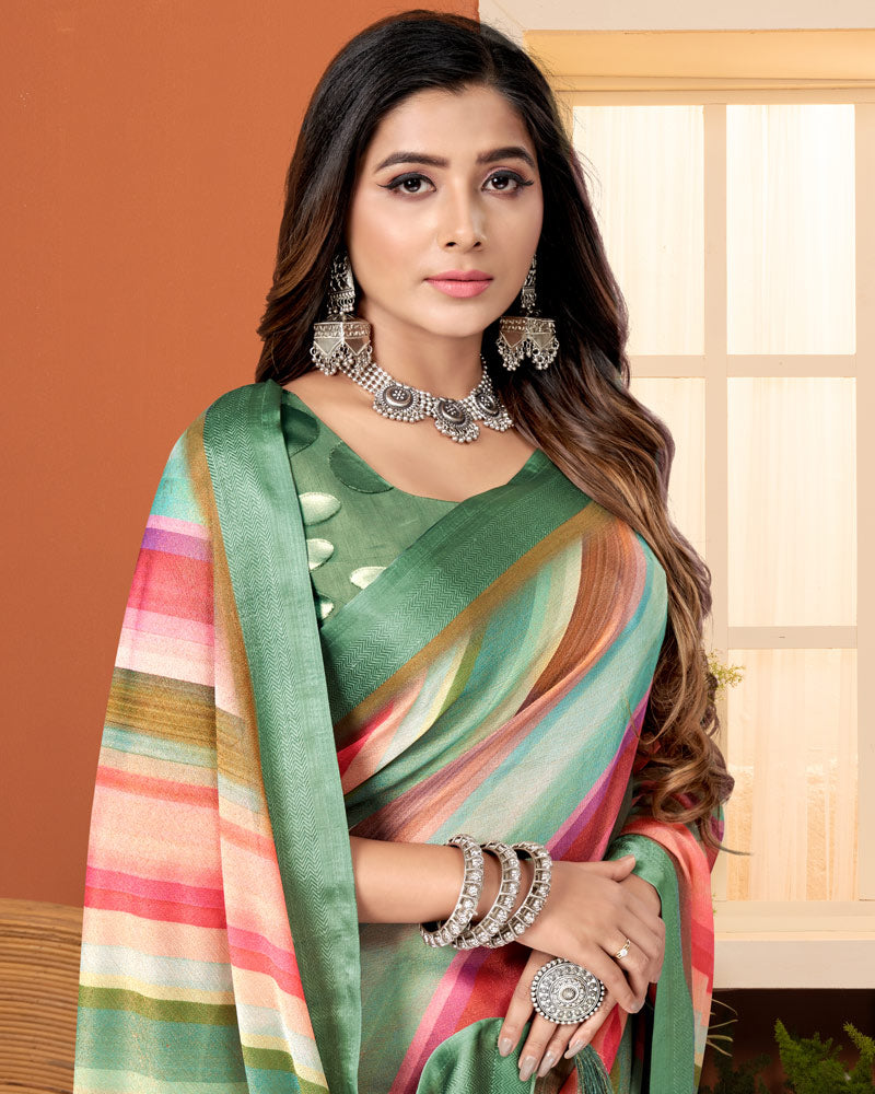 Vishal Prints Bay Leaf Green Digital Print Brasso Saree With Tassel