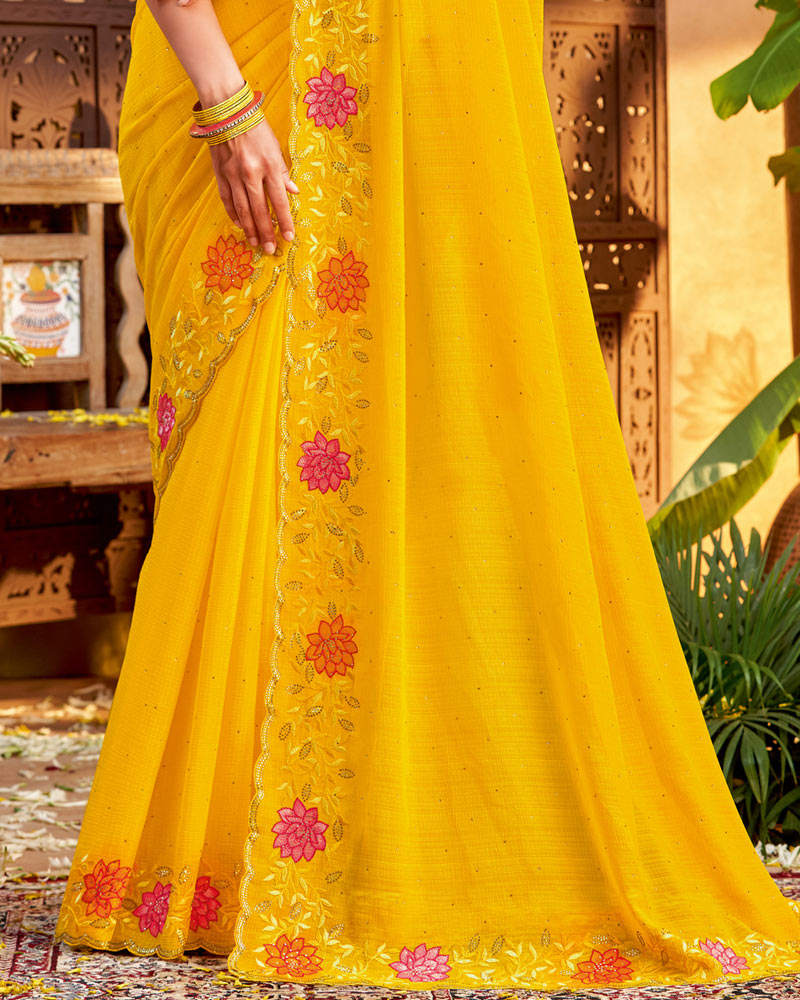 Vishal Prints Golden Yellow Designer Patterned Chiffon Saree With Embroidery And Diamond Work
