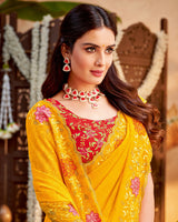 Vishal Prints Golden Yellow Designer Patterned Chiffon Saree With Embroidery And Diamond Work