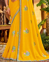 Vishal Prints Golden Yellow Designer Patterned Chiffon Saree With Embroidery And Diamond Work