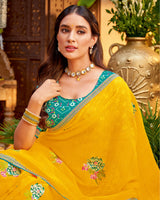 Vishal Prints Golden Yellow Designer Patterned Chiffon Saree With Embroidery And Diamond Work