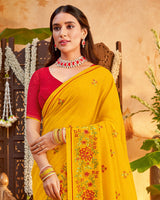 Vishal Prints Golden Yellow Designer Patterned Chiffon Saree With Embroidery And Diamond Work