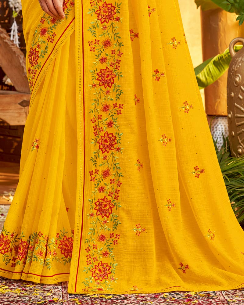 Vishal Prints Golden Yellow Designer Patterned Chiffon Saree With Embroidery And Diamond Work