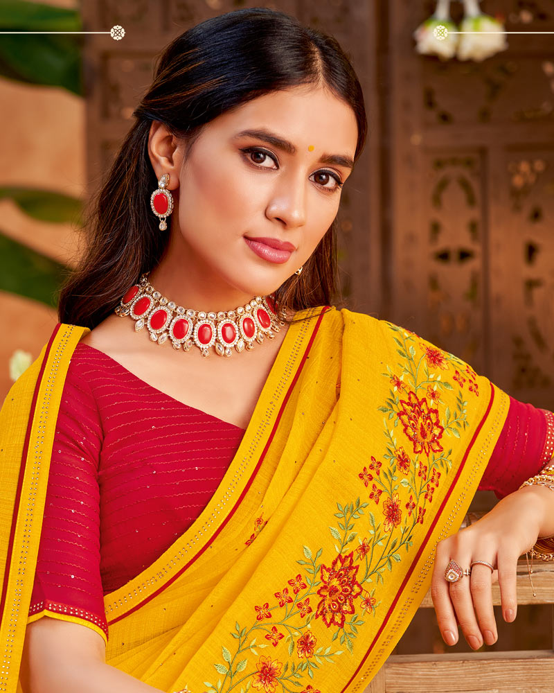 Vishal Prints Golden Yellow Designer Patterned Chiffon Saree With Embroidery And Diamond Work