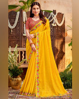 Vishal Prints Golden Yellow Designer Patterned Chiffon Saree With Embroidery And Diamond Work