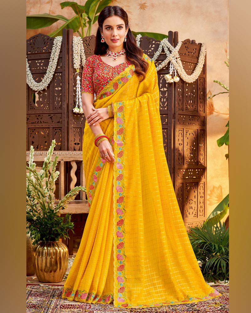 Vishal Prints Golden Yellow Designer Patterned Chiffon Saree With Embroidery And Diamond Work