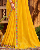 Vishal Prints Golden Yellow Designer Patterned Chiffon Saree With Embroidery And Diamond Work