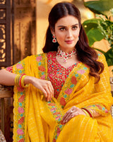 Vishal Prints Golden Yellow Designer Patterned Chiffon Saree With Embroidery And Diamond Work