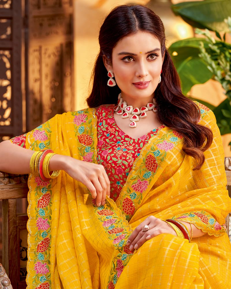 Vishal Prints Golden Yellow Designer Patterned Chiffon Saree With Embroidery And Diamond Work