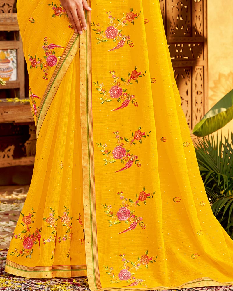 Vishal Prints Golden Yellow Designer Patterned Chiffon Saree With Embroidery And Diamond Work