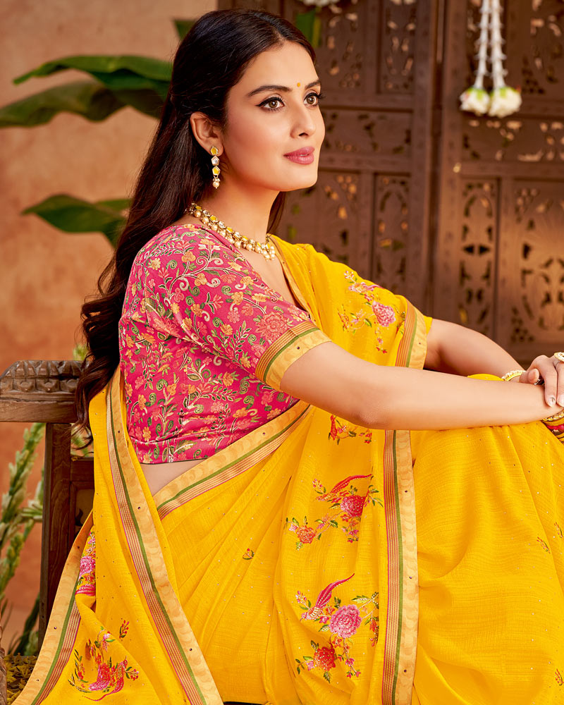 Vishal Prints Golden Yellow Designer Patterned Chiffon Saree With Embroidery And Diamond Work