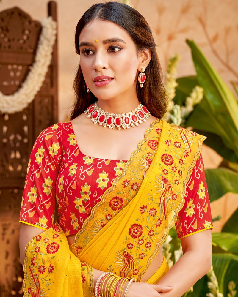 Vishal Prints Golden Yellow Designer Patterned Chiffon Saree With Embroidery And Diamond Work