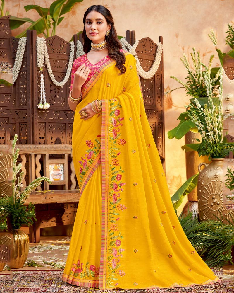 Vishal Prints Golden Yellow Designer Patterned Chiffon Saree With Embroidery And Diamond Work