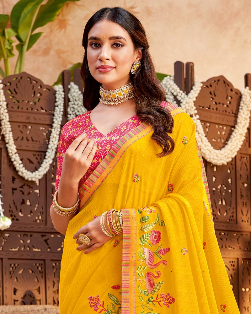 Vishal Prints Golden Yellow Designer Patterned Chiffon Saree With Embroidery And Diamond Work