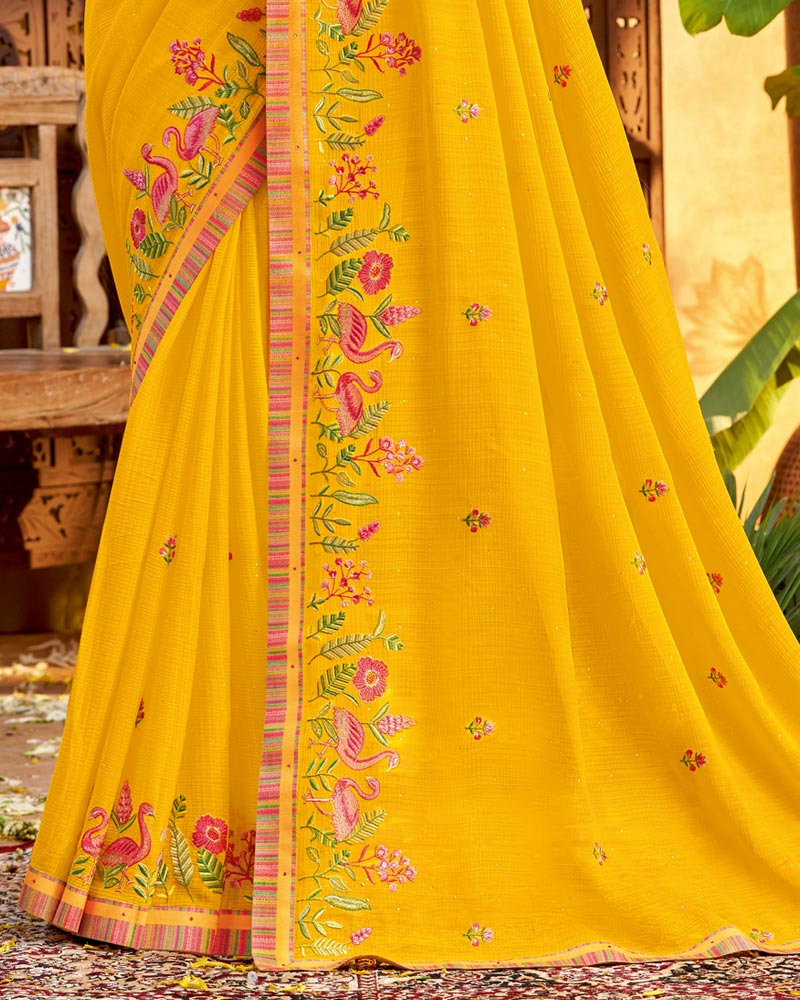 Vishal Prints Golden Yellow Designer Patterned Chiffon Saree With Embroidery And Diamond Work