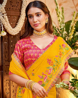 Vishal Prints Golden Yellow Designer Patterned Chiffon Saree With Embroidery And Diamond Work