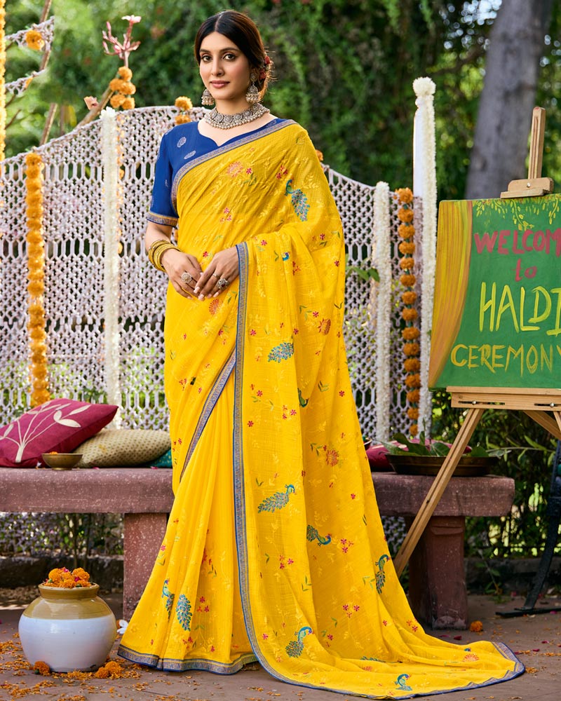 Vishal Prints Golden Yellow Designer Fancy Chiffon Saree With Embroidery-Diamond Work And Border