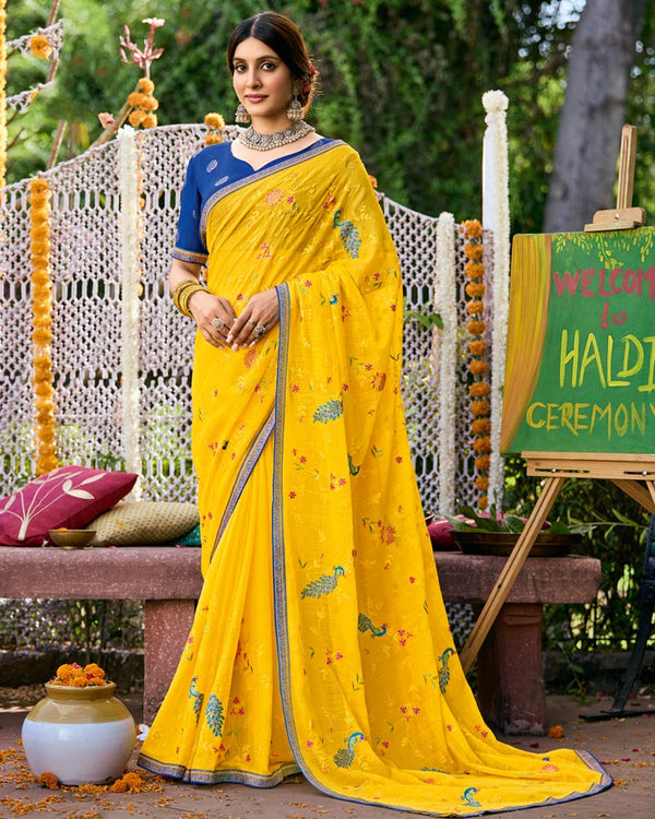 Vishal Prints Golden Yellow Designer Fancy Chiffon Saree With Embroidery-Diamond Work And Border