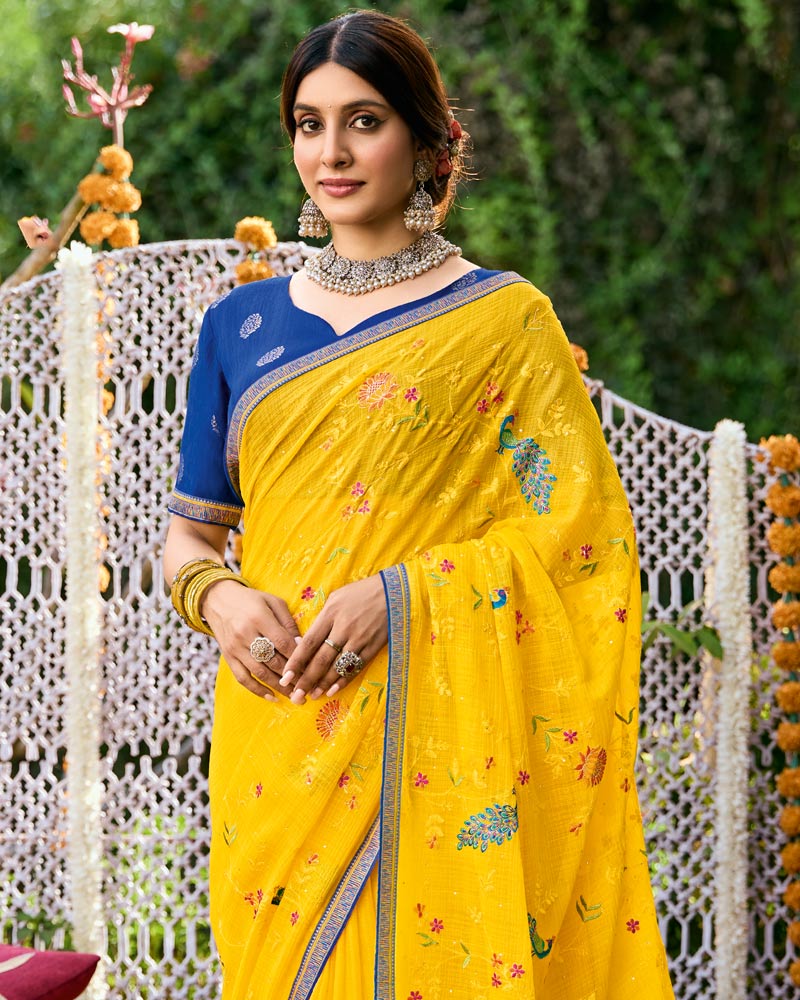 Vishal Prints Golden Yellow Designer Fancy Chiffon Saree With Embroidery-Diamond Work And Border