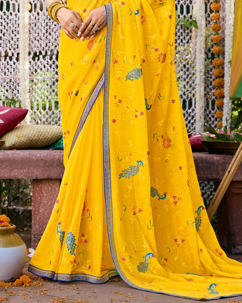 Vishal Prints Golden Yellow Designer Fancy Chiffon Saree With Embroidery-Diamond Work And Border