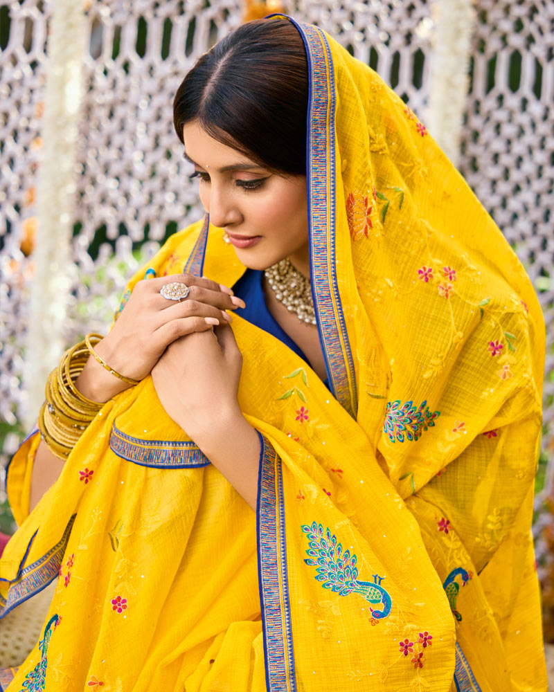 Vishal Prints Golden Yellow Designer Fancy Chiffon Saree With Embroidery-Diamond Work And Border