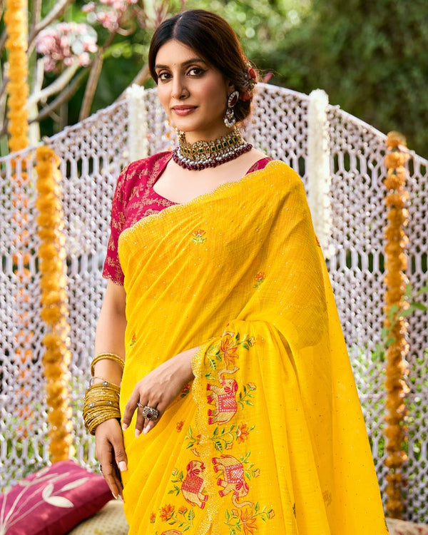 Vishal Prints Golden Yellow Designer Fancy Chiffon Saree With Embroidery-Diamond Work And Cut Work Border