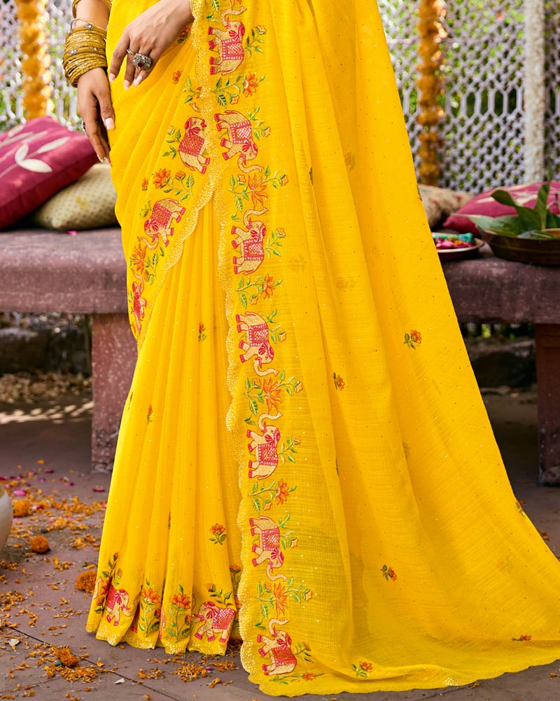 Vishal Prints Golden Yellow Designer Fancy Chiffon Saree With Embroidery-Diamond Work And Cut Work Border